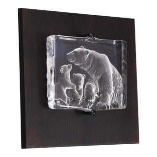 Vintage Swedish Carved Crystal Polar Bears Slab Sculpture For Sale