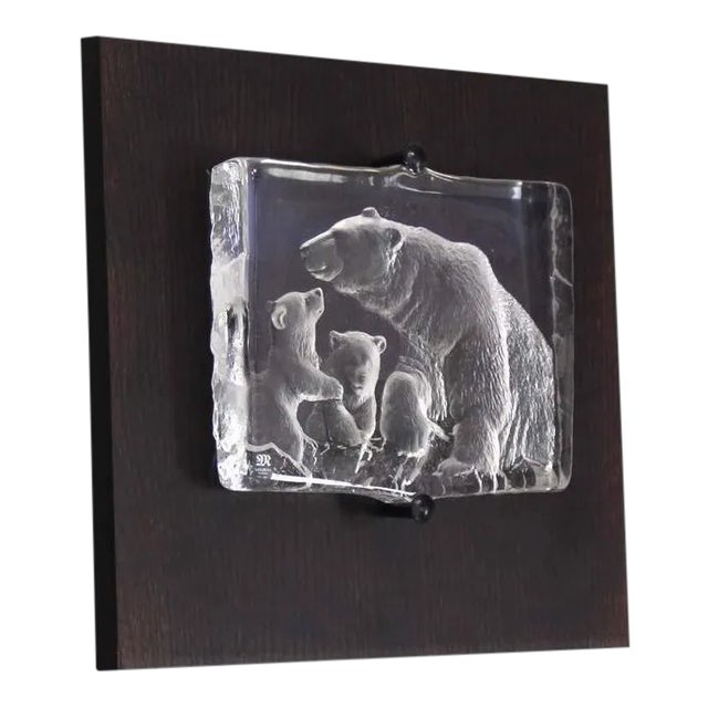 Vintage Swedish Carved Crystal Polar Bears Slab Sculpture For Sale