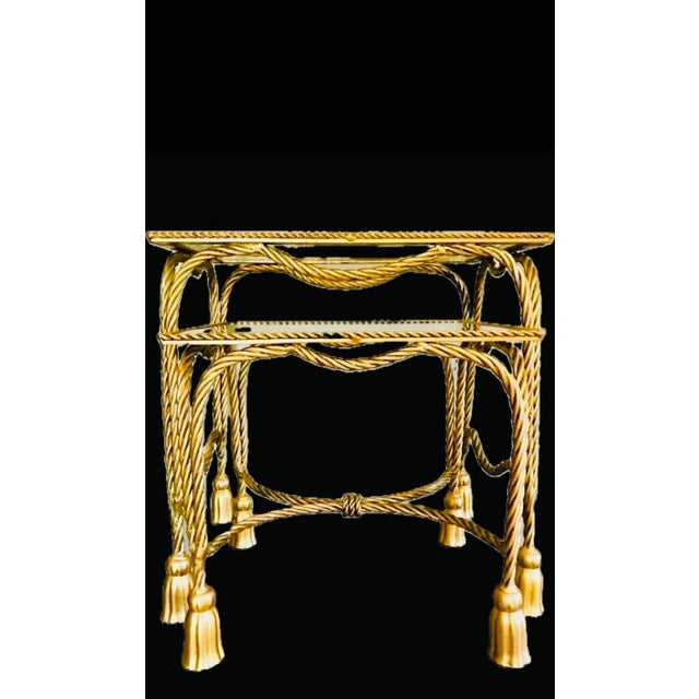 Palladio Mid 20th Century Palladio Italian Rope & Tassel Gilt Iron Nesting Tables - a Pair For Sale - Image 4 of 8