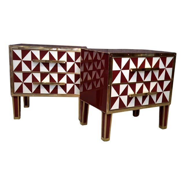 Red Optical Murano Glass Bedside Tables with Brass Trim from Justfurnituress SRL, Set of 2 For Sale