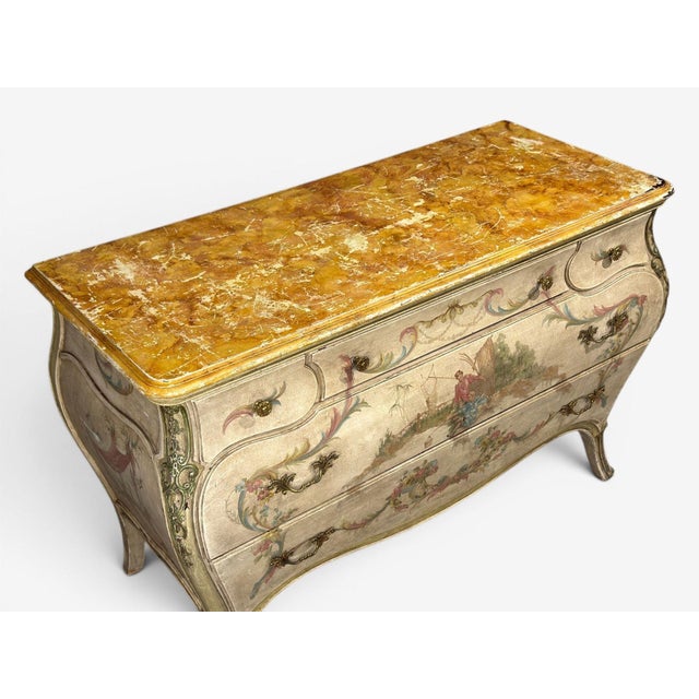 Wood Venetian, Chinoiserie Bombé Commode, Beige Painted, Faux Marble, Italy, 1920s For Sale - Image 7 of 18