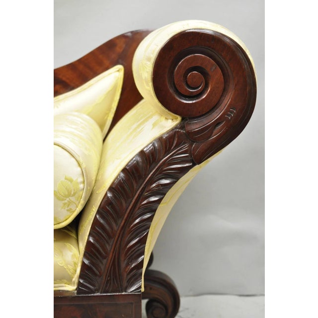Wood Antique American Empire Neoclassical Carved Mahogany Sofa With Gold Fabric For Sale - Image 7 of 18