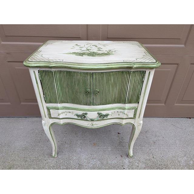 French Provincial Vintage French Provincial Cream & Sage Green Painted Nightstand With Botanical Decoration For Sale - Image 3 of 14