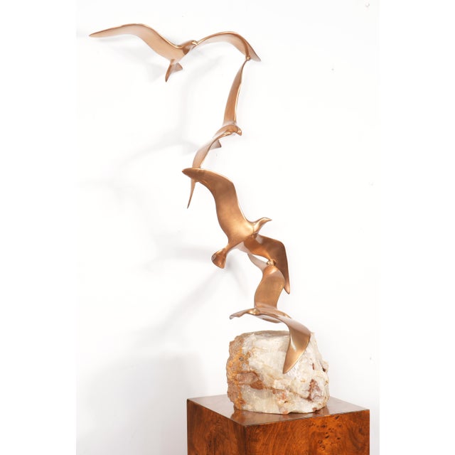 Curtis Jere Curtis Jere 4 Birds in Flight Brass Sculpture Alabaster Base For Sale - Image 4 of 7
