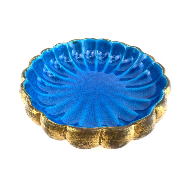 Vintage Italian Blue Crackle Glaze & Gilt Scalloped Ceramic Bowl For Sale - Image 9 of 11