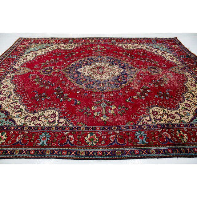 Textile 1960s Medallion Vintage Tabriz Handmade Wool Rug in Red For Sale - Image 7 of 7