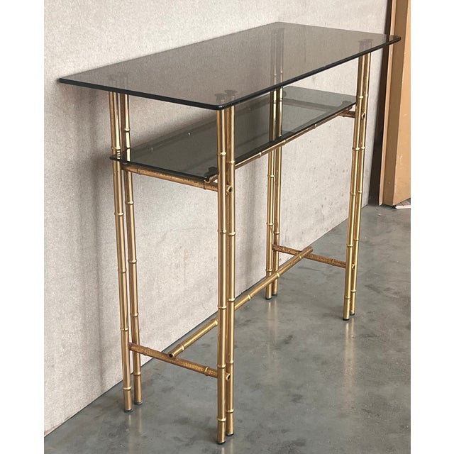 Mid-Century Modern Italian Faux Bamboo Gilt Metal Console With Smoked Glass For Sale In Miami - Image 6 of 11