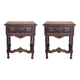 Mid 20th Century Pair of Spanish Carved Nightstands with Drawer and low crest For Sale