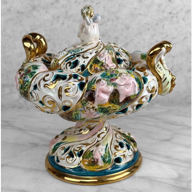 Vintage Italian Capodimonte Porcelain Cherub Double Handle Pedestal Bowl W/ Lid For Sale - Image 4 of 10
