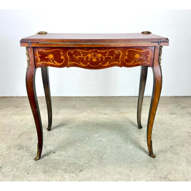 Antique French Louis XV Style Marquetry and Ormolu Flip Top Game Table For Sale - Image 11 of 12