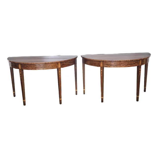 Early 20th Century Pair Federal Mahogany Demi Lune Hall Tables Console Tables Dining Table Inlay For Sale