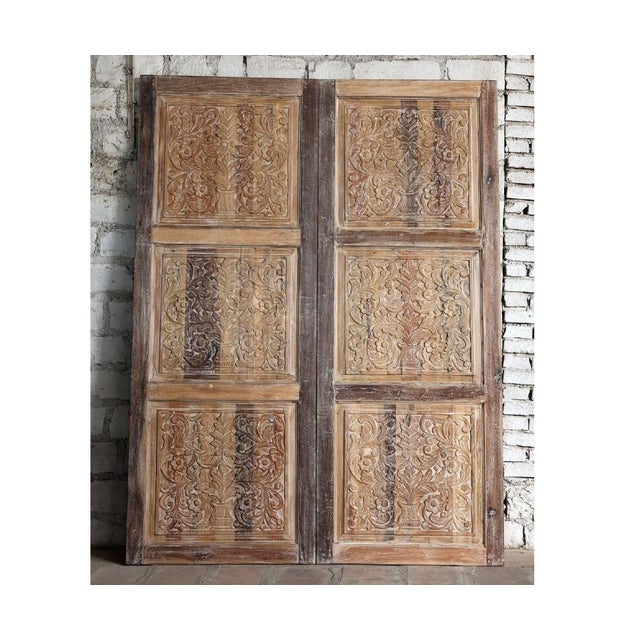 Mid-Century Modern Vintage Carved Wood Doors – Natural Wood Floral Barn Doors, Rustic 96x36 For Sale - Image 3 of 4