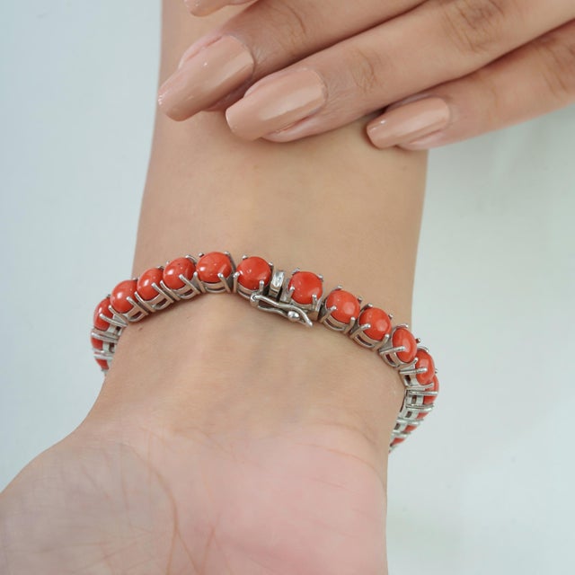 Metal Carat&Her Vibrant 25.7 Ct Round Scarlet Coral Tennis Bracelet in 925 Sterling Silver For Sale - Image 7 of 13