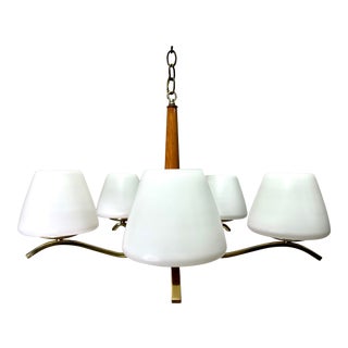 Mid Century Modern 5-Arm Brass & Wood Chandelier For Sale