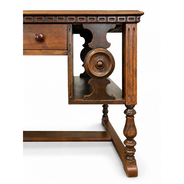 Jacobean Early 20th Century Maddox Jacobean Revival Wooden Library Table Writing Desk For Sale - Image 3 of 9