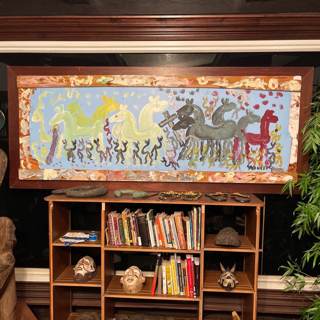Great Large Artwork by Purvis Young titled “Freedom Horses”, mid century modern, 4 inch brown wrap around frame is not...