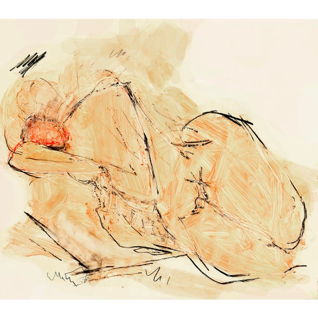 Apricot-Salmon Color Reclining Figure Painting in Textured Form on Paper For Sale - Image 4 of 6