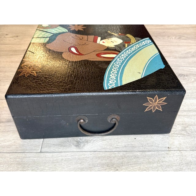 Vintage Japanese Hand Painted Wood Box W/Handles 39" For Sale - Image 4 of 14