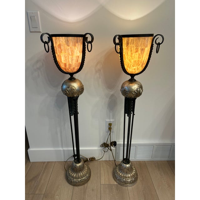 Absolutely stunning pair of vintage Maitland Smith floor lamps. The lampshade is called penshell… please see photos...