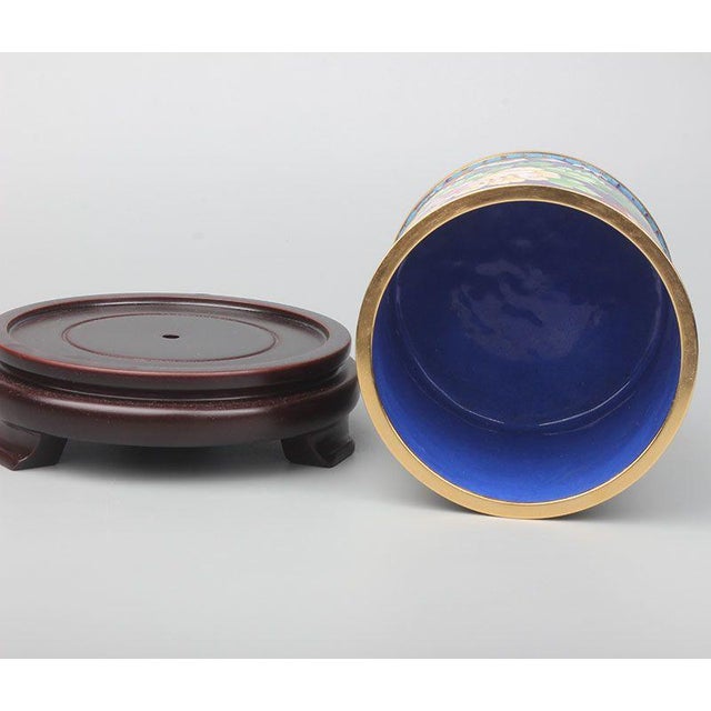 Asian Vintage Cloisonné Enamel Brush Pot / Pen Holder – White Ground Peony & Butterfly Motif, With Wood Stand For Sale - Image 3 of 7