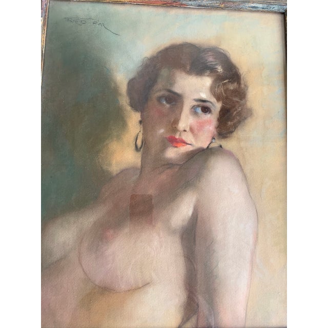 Nice old circa 1950:pastel of half nude view of a women signed by Fried Pal It has original wooden frame which is as is....