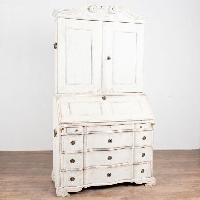 Rococo White Painted Danish Oak Tall Secretary Dated 1805 For Sale - Image 3 of 12
