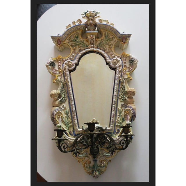 Majolica Mirror with Candelabra from Hugo Lonitz, 1900s For Sale - Image 10 of 10