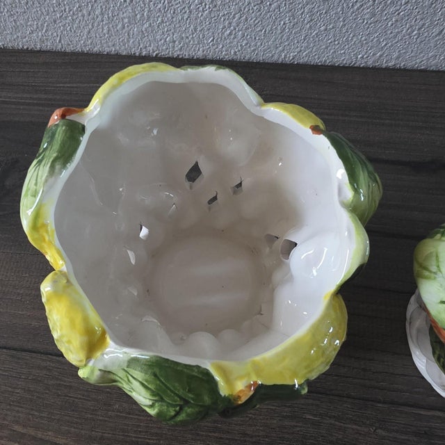 1970s Majolica Lemon Orange Centerpiece Candle Holders / Planters - A Pair For Sale - Image 11 of 14