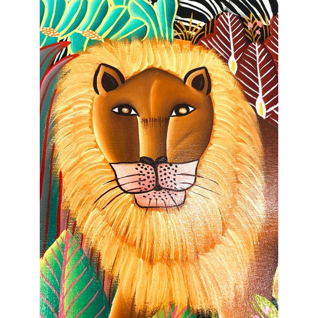 Late 20th Century Late 20th Century Modern Folk Art Jungle Painting W Lions Zebras & Giraffes Signed For Sale - Image 5 of 7