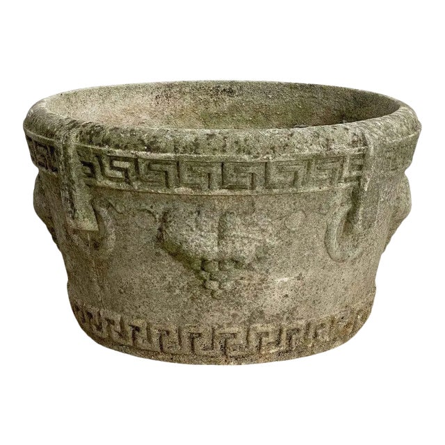 English Garden Stone Round Planter With Greek Key Design For Sale