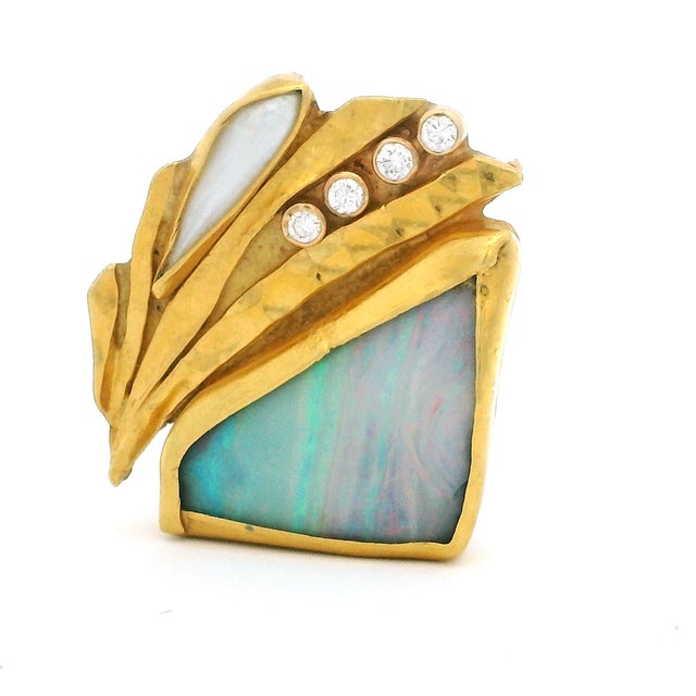 Vintage American Studio 22k Gold Opal Diamond Modernist Brooch For Sale - Image 10 of 14