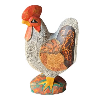 1980s Large Hand Carved Wood Folk Art Rooster For Sale