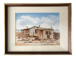 "Abandoned House" Contemporary Rustic Landscape Watercolor Painting by Tee Christie, Framed