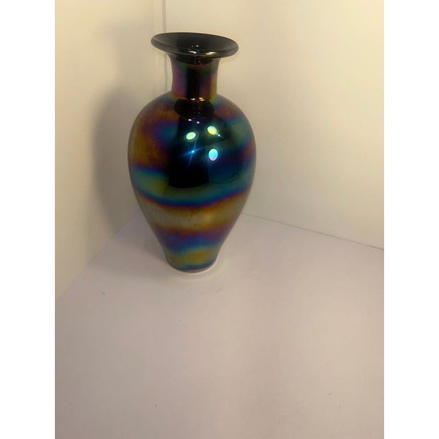 Amethyst Vintage 11" Iridescent Art Glass Vase in Cobalt Amethyst – Czech / Kralik Style For Sale - Image 8 of 13