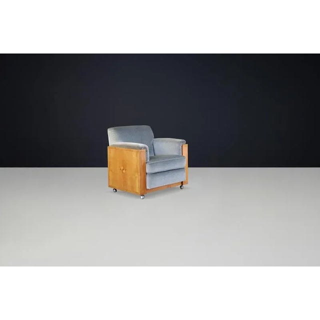 Dutch Art Deco Oak Armchair with Inlaid Motif and Original Grey Velvet, 1930s A striking Dutch Art Deco armchair from the...