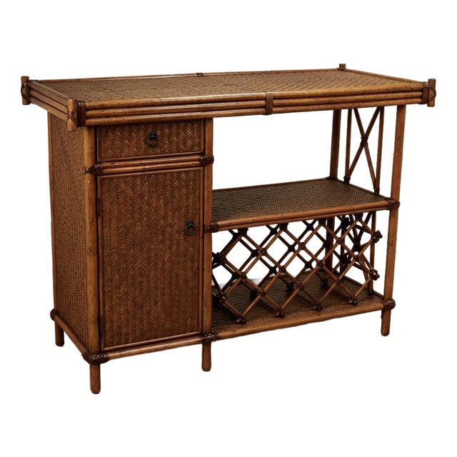 Vintage British Colonial Style Bamboo and Grasscloth Serving Bar For Sale