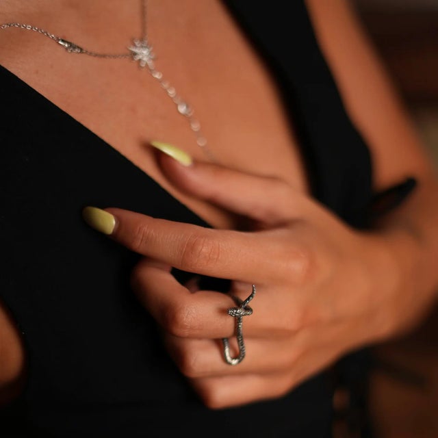 Mythology Snake Sterling Silver & Black Diamond Design Ring, Size 6 For Sale - Image 4 of 10