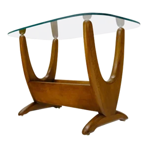 Mid-Century Modern Sculptural Wood & Glass Top End Side Table Stand