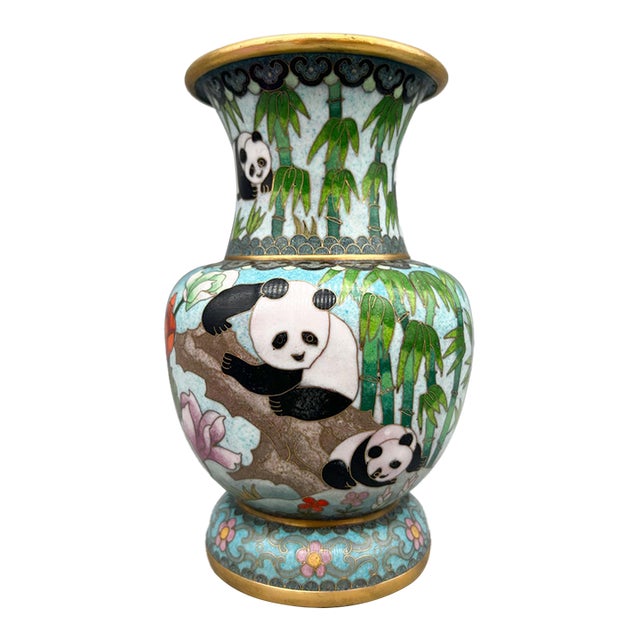 20th Century Chinese Cloisonné Panda & Bamboo Urn Vase – Chinoiserie / Asian For Sale