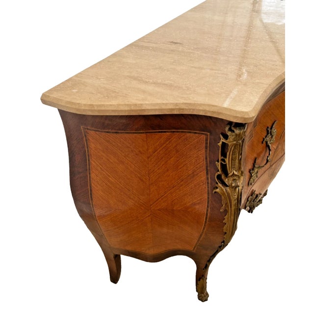 Wood Antique French Bombe Nightstand, Commode Chest of Drawers, Inlays, Marble Top For Sale - Image 7 of 13