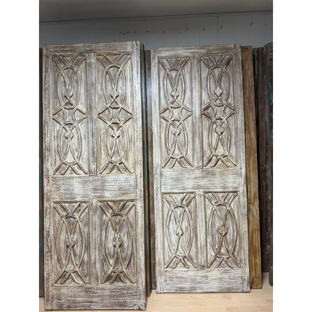 Midcentury Carved Entry Doors in Distressed Wood Architectural Statement Panels 80x30 For Sale - Image 12 of 14