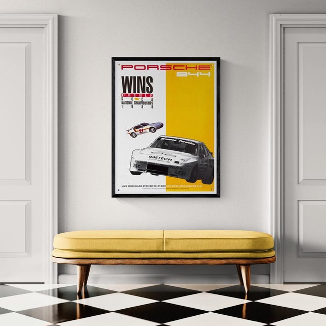 The piece this dynamic 1988 motorsport poster commemorates the porsche 944's double victory at the scca national...