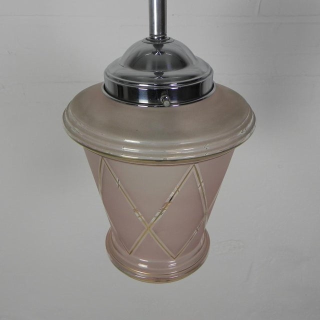 Metal Art Deco Hanging Lamp with Pink Glass Shade, 1930s For Sale - Image 7 of 13