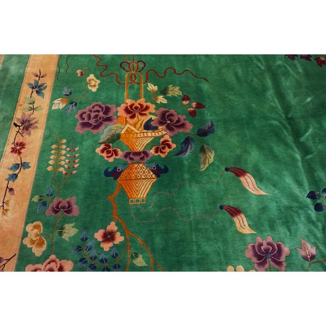 1920s 1920s Antique Large Room Size Chinese Hand Knotted Pile Green Field Art Deco Rug For Sale - Image 5 of 6