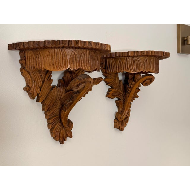 Antique Italian Rococo Revival Hand Carved Solid Wood Wall Shelves, a Pair For Sale - Image 11 of 12