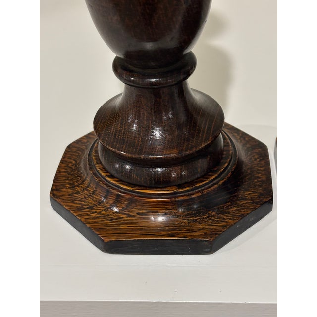 Wood Antique English Oak Turned Candlesticks With Brass Candle Cups - A Pair For Sale - Image 7 of 13