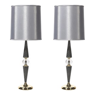 1960s Mid-Century Tapered Brass & Silver Cerused Walnut Table Lamps W/ Sphere Detail For Sale