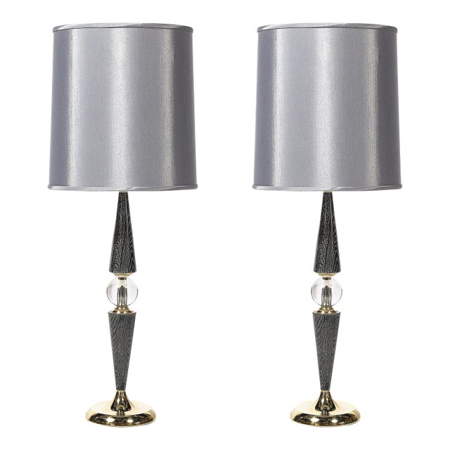 1960s Mid-Century Tapered Brass & Silver Cerused Walnut Table Lamps W/ Sphere Detail For Sale