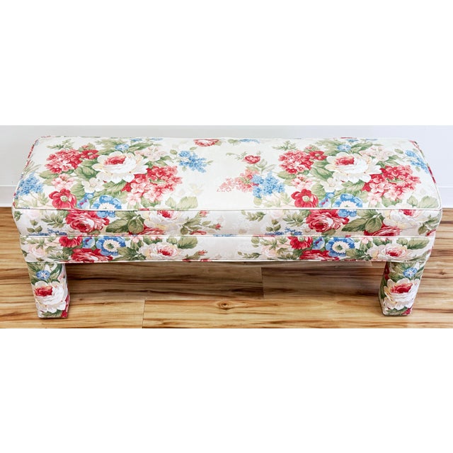 Vintage Floral Pattern Upholstered Parsons Style Bench For Sale - Image 4 of 11