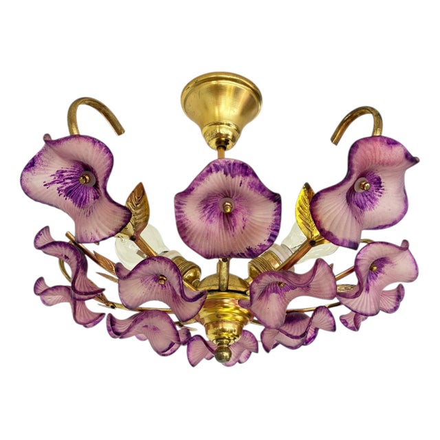 Art Deco Vintage Hand-Painted Purple Glass Floral Flush Mount Chandelier For Sale - Image 3 of 17